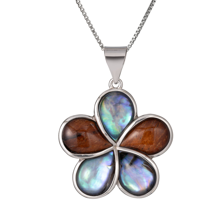 Sterling Silver Koa Wood and Abalone Shell Hawaiian Mauka to Makai Plumeria Flower Pendant