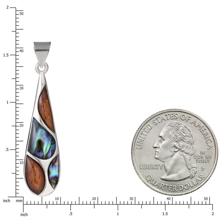 Sterling Silver Koa Wood and Abalone Shell Hawaiian Mauka to Makai Raindrop Pendant