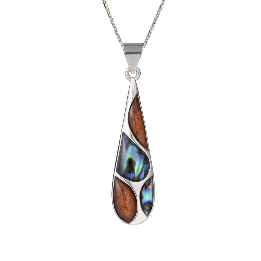 Sterling Silver Koa Wood and Abalone Shell Hawaiian Mauka to Makai Raindrop Pendant