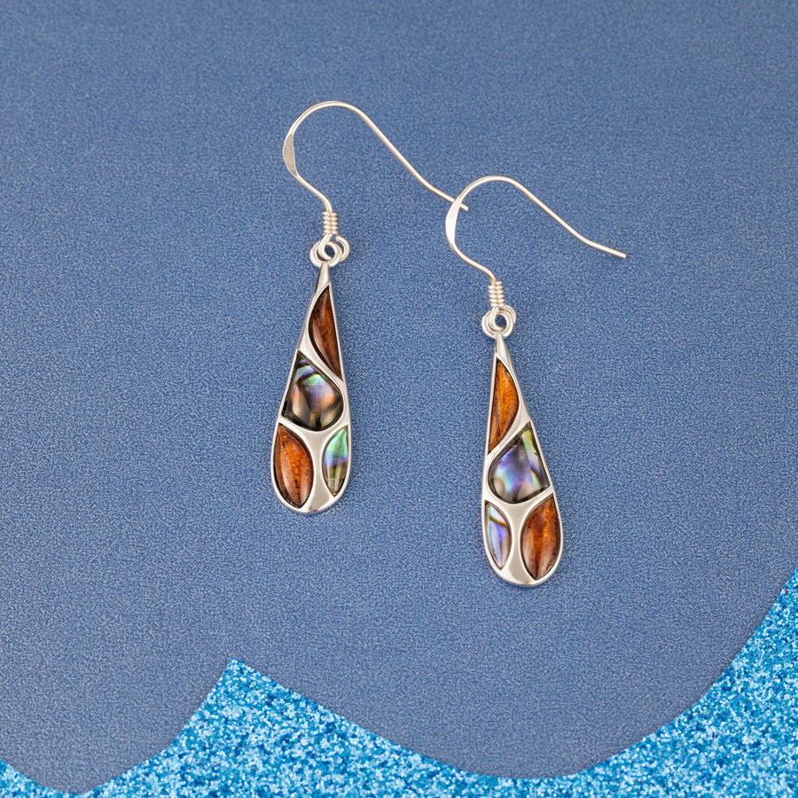 Sterling Silver Koa Wood and Abalone Shell Hawaiian Mauka to Makai Raindrop Dangle Hook Earrings