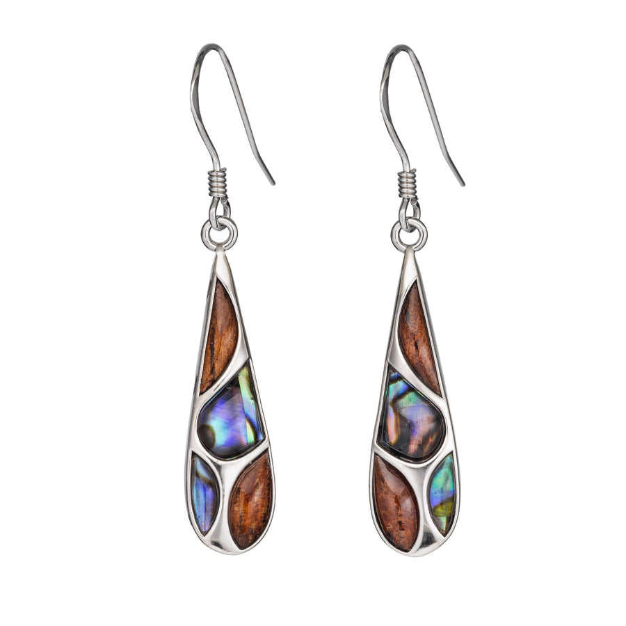 Sterling Silver Koa Wood and Abalone Shell Hawaiian Mauka to Makai Raindrop Dangle Hook Earrings