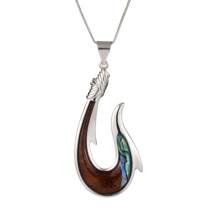 Sterling Silver Koa Wood and Abalone Shell Hawaiian Mauka to Makai Rope Fish Hook Pendant