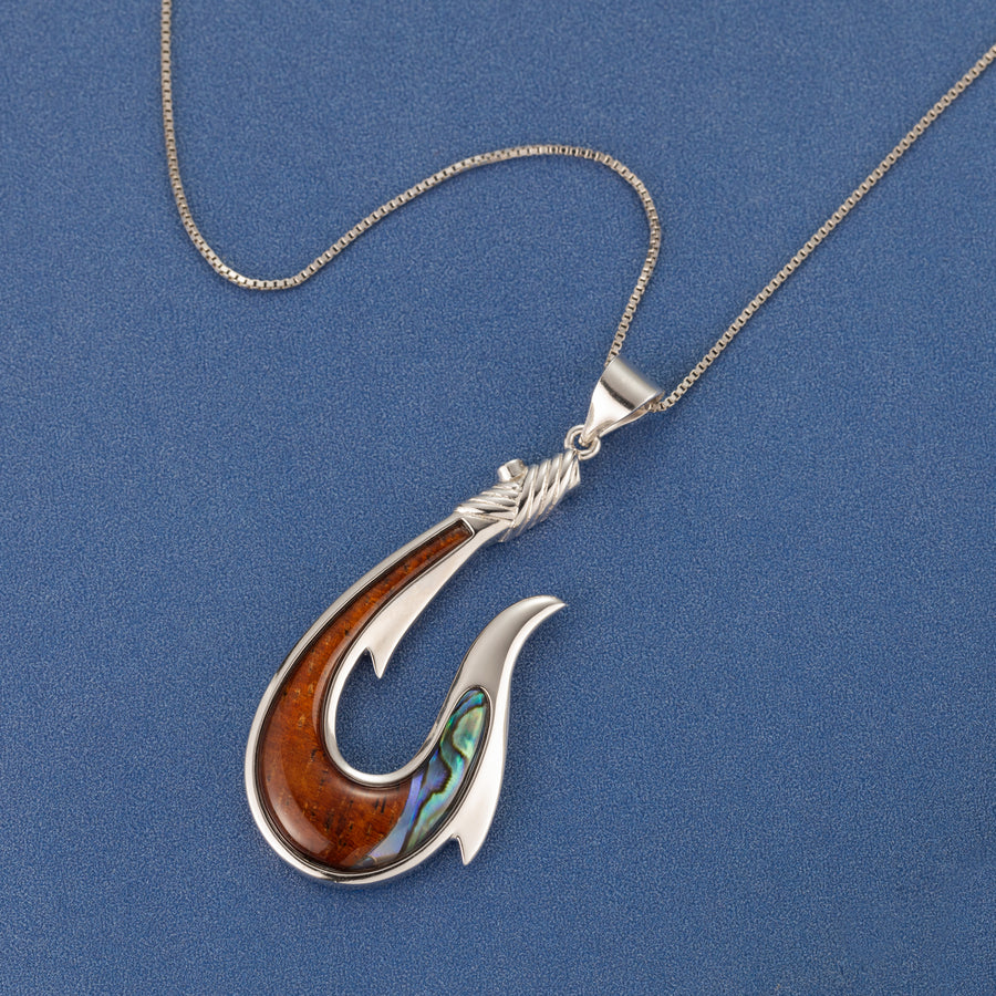 Sterling Silver Koa Wood and Abalone Shell Hawaiian Mauka to Makai Rope Fish Hook Pendant