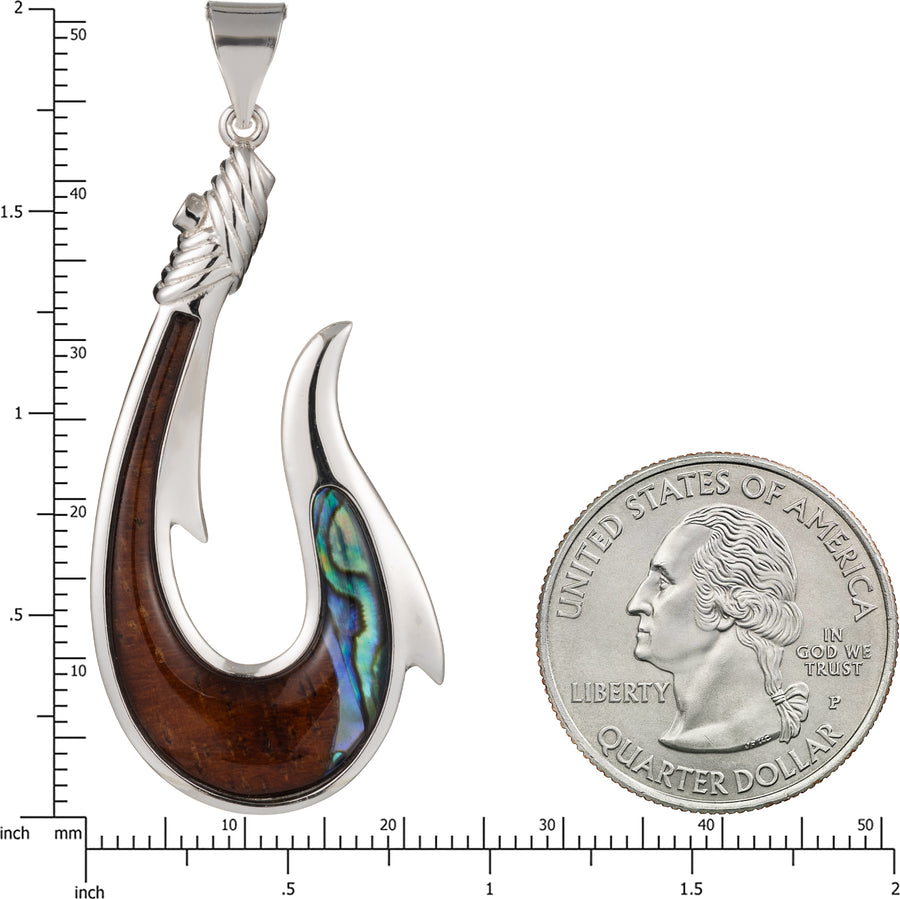 Sterling Silver Koa Wood and Abalone Shell Hawaiian Mauka to Makai Rope Fish Hook Pendant