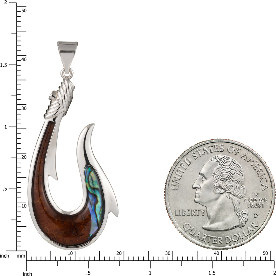 Sterling Silver Koa Wood and Abalone Shell Hawaiian Mauka to Makai Rope Fish Hook Pendant