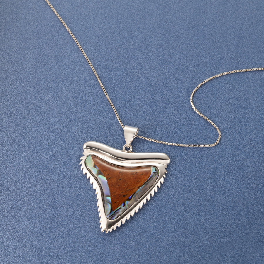 Sterling Silver Koa Wood and Abalone Shell Hawaiian Mauka to Makai Shark Tooth Pendant