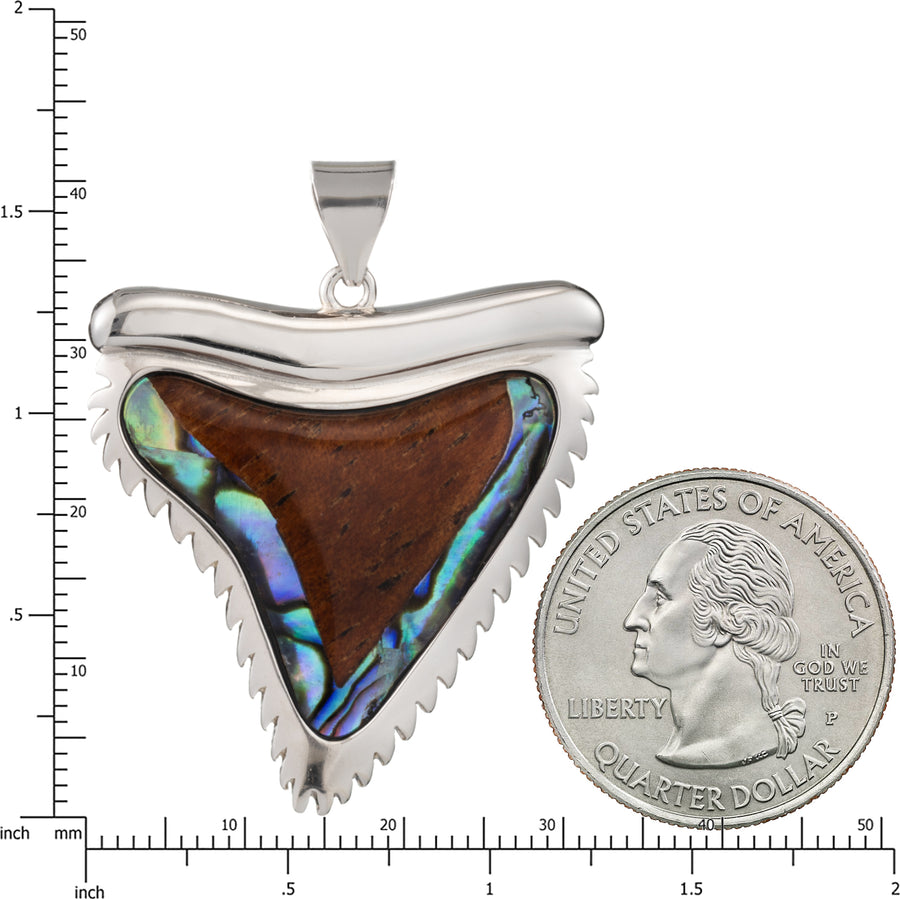 Sterling Silver Koa Wood and Abalone Shell Hawaiian Mauka to Makai Shark Tooth Pendant