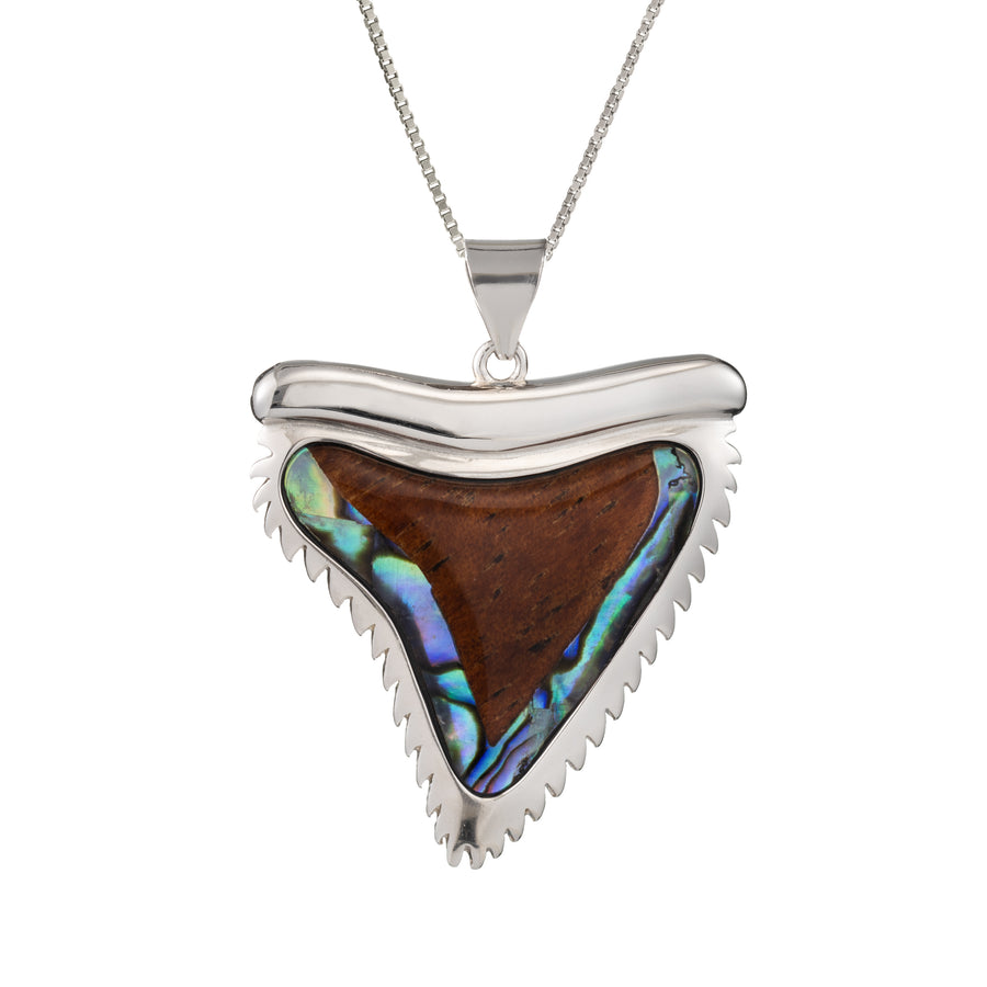 Sterling Silver Koa Wood and Abalone Shell Hawaiian Mauka to Makai Shark Tooth Pendant