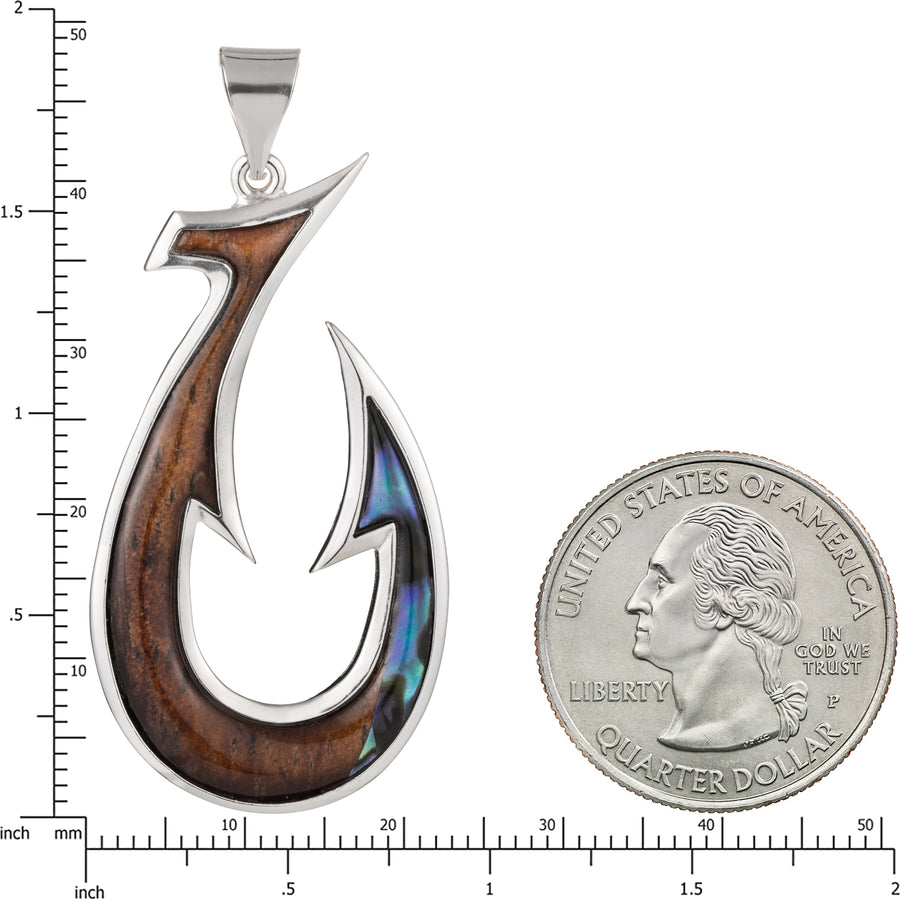 Sterling Silver Koa Wood and Abalone Shell Hawaiian Mauka to Makai U-Shape Fish Hook Pendant