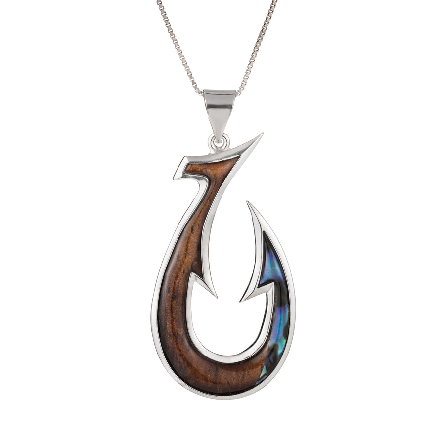 Sterling Silver Koa Wood and Abalone Shell Hawaiian Mauka to Makai U-Shape Fish Hook Pendant