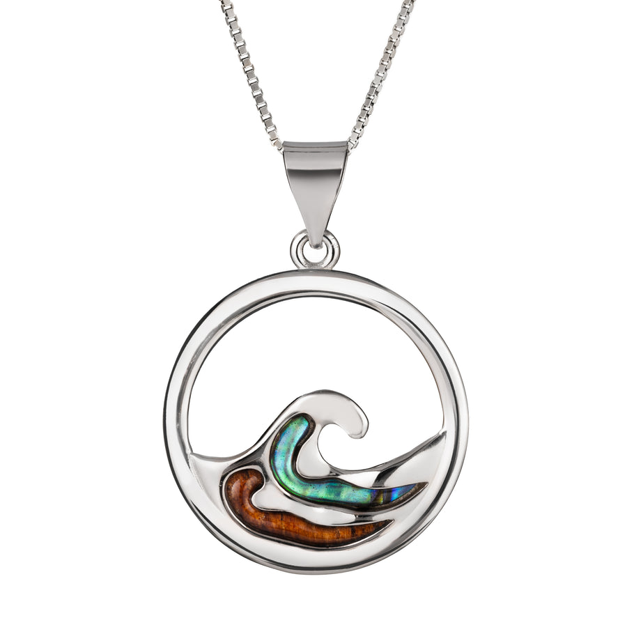 Sterling Silver Koa Wood and Abalone Shell Hawaiian Mauka to Makai Ocean Wave Necklace Pendant with 18" Box Chain