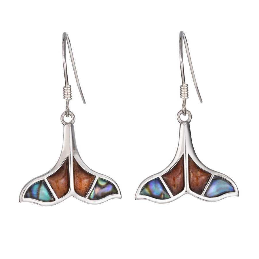 Sterling Silver Koa Wood and Abalone Shell Hawaiian Mauka to Makai Whale Tail Dangle Hook Earrings