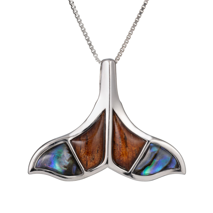 Sterling Silver Koa Wood and Abalone Shell Hawaiian Mauka to Makai Whale Tail Pendant