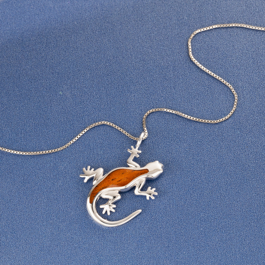 Sterling Silver Koa Wood Lizard Gecko Necklace Pendant