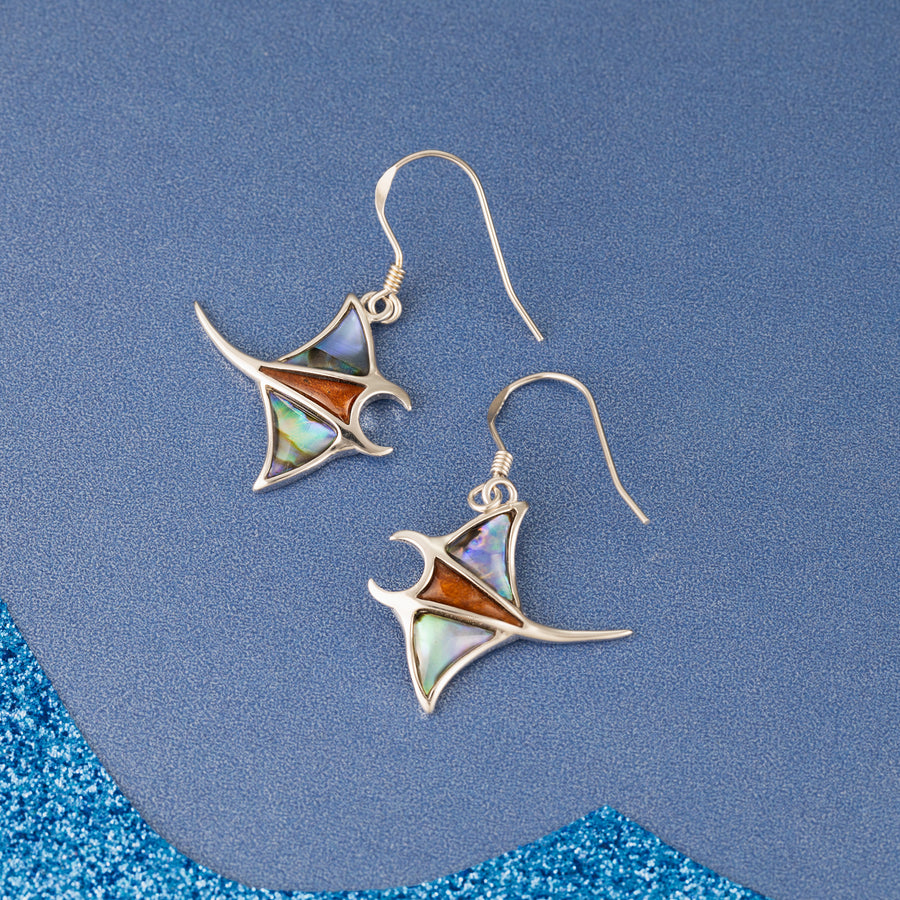 Sterling Silver Koa Wood and Abalone Shell Hawaiian Mauka to Makai Manta Ray Dangle Hook Earrings