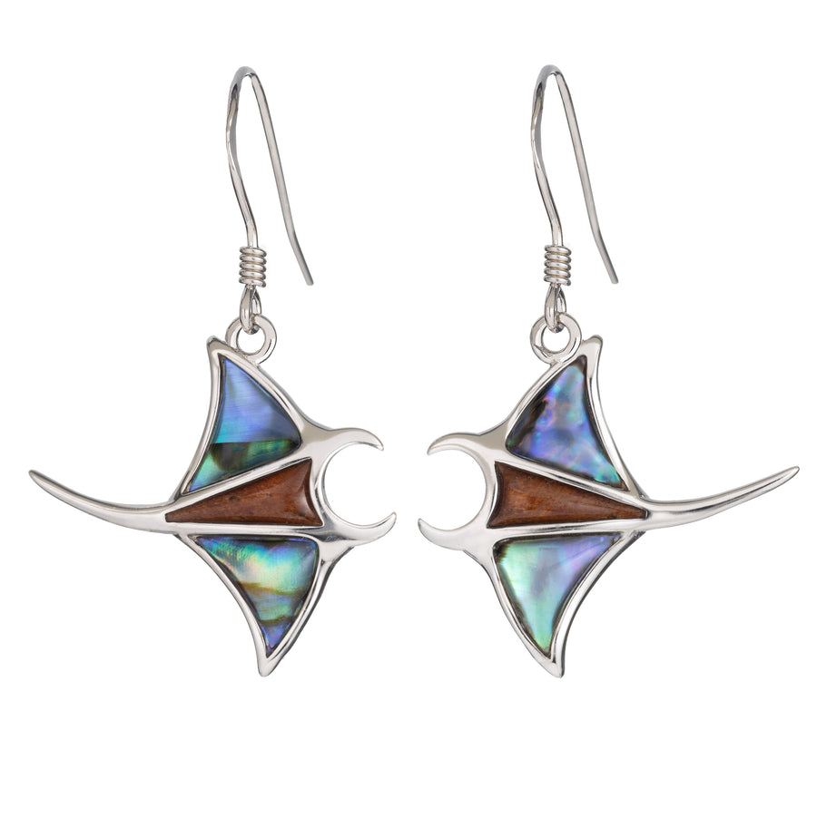 Sterling Silver Koa Wood and Abalone Shell Hawaiian Mauka to Makai Manta Ray Dangle Hook Earrings