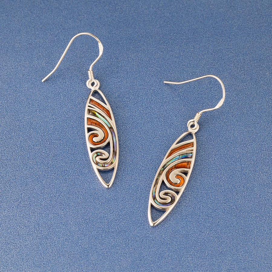 Sterling Silver Koa Wood and Abalone Shell Hawaiian Mauka to Makai Surfboard Dangle Hook Earrings