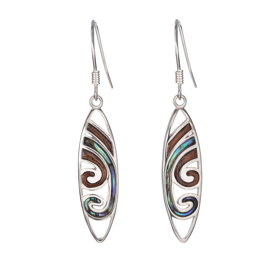 Sterling Silver Koa Wood and Abalone Shell Hawaiian Mauka to Makai Surfboard Dangle Hook Earrings