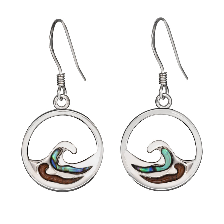 Sterling Silver Koa Wood and Abalone Shell Hawaiian Mauka to Makai Ocean Wave Dangle Hook Earrings