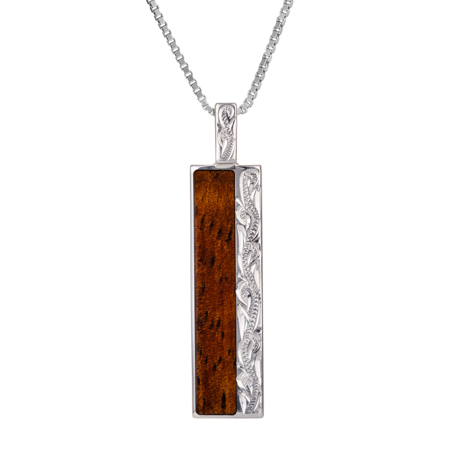 Sterling Silver Koa Wood Hawaiian Heirloom Scroll Nalu Bar Pendant