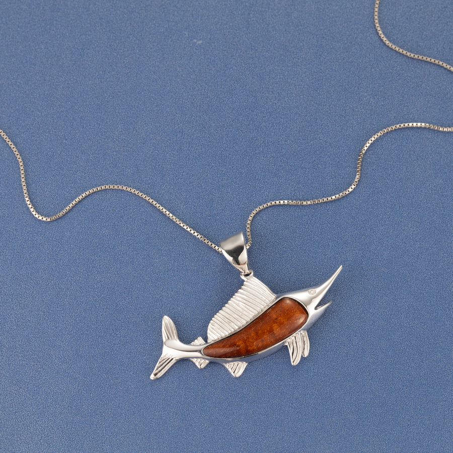 Sterling Silver Hawaiian Koa Wood Sailfish Necklace Pendant