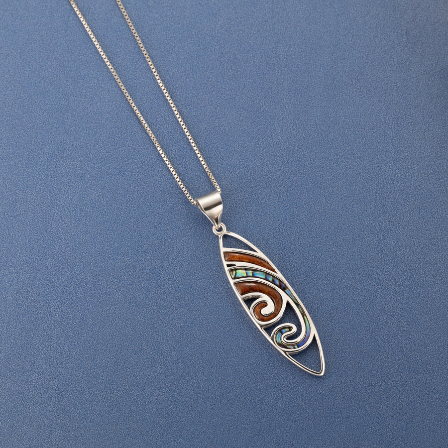 Sterling Silver Koa Wood and Abalone Shell Hawaiian Mauka to Makai Surfboard Pendant