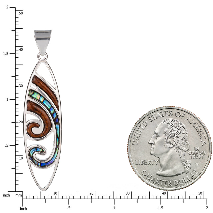 Sterling Silver Koa Wood and Abalone Shell Hawaiian Mauka to Makai Surfboard Pendant