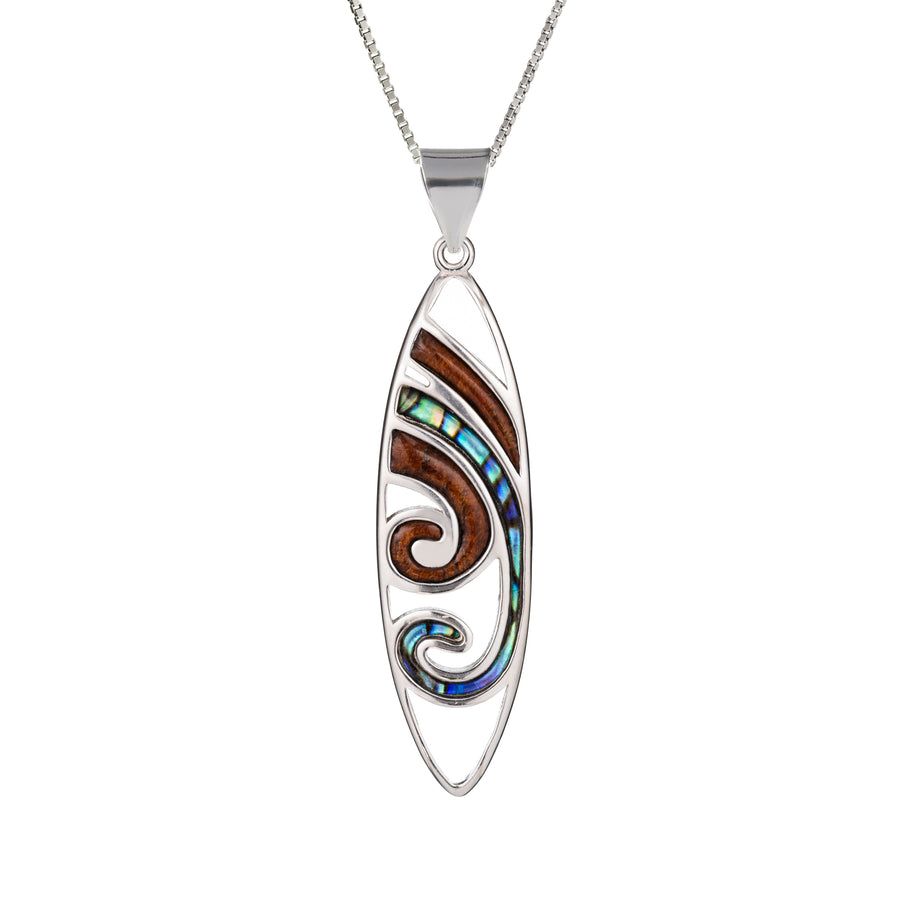 Sterling Silver Koa Wood and Abalone Shell Hawaiian Mauka to Makai Surfboard Pendant