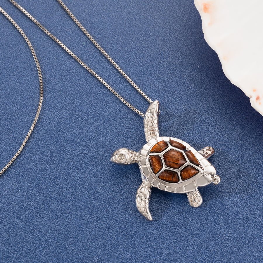 Sterling Silver Koa Wood 3D Turtle Pendant