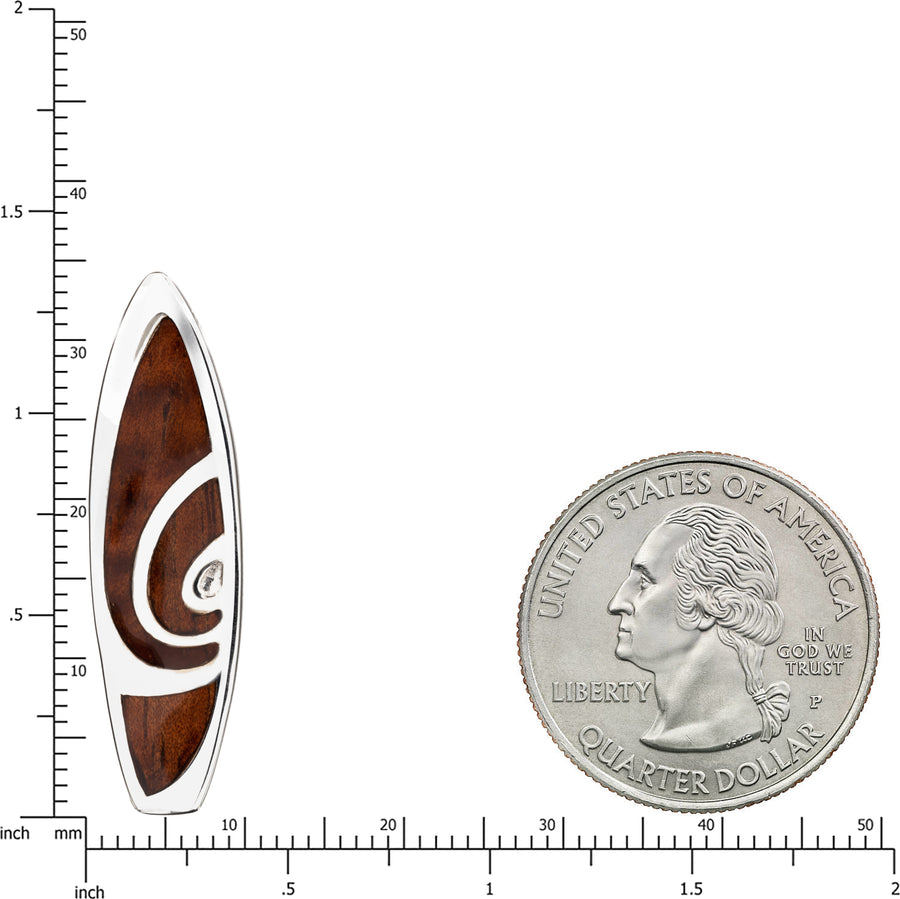 Sterling Silver Natural Koa Wood Surfboard Pendant - Shortboard Spiral