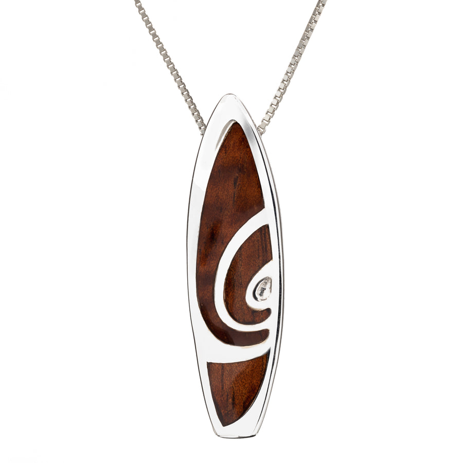 Sterling Silver Natural Koa Wood Surfboard Pendant - Shortboard Spiral