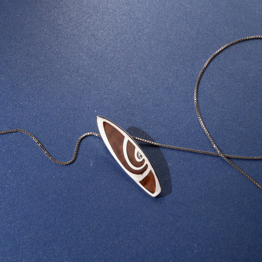 Sterling Silver Natural Koa Wood Surfboard Pendant - Shortboard Spiral