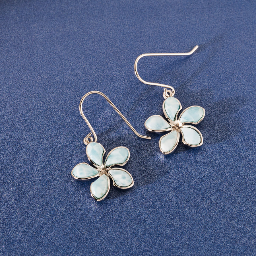 925 Sterling Silver Natural Larimar Plumeria Dangle Earrings