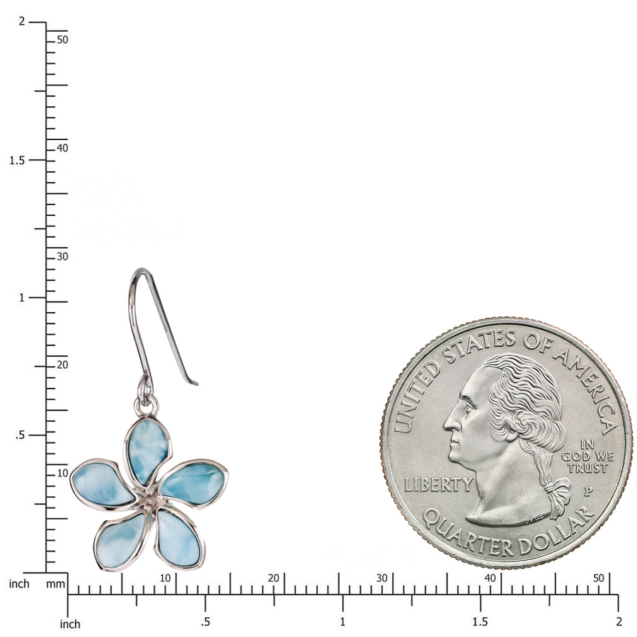 925 Sterling Silver Natural Larimar Plumeria Dangle Earrings