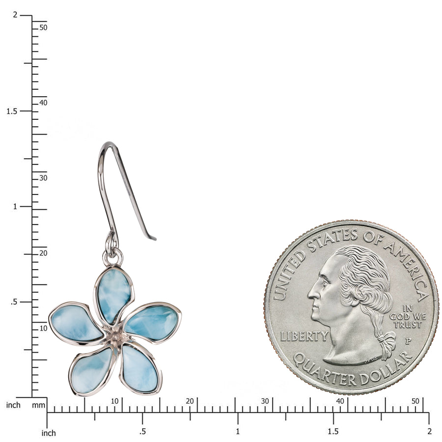 925 Sterling Silver Natural Larimar Plumeria Dangle Earrings