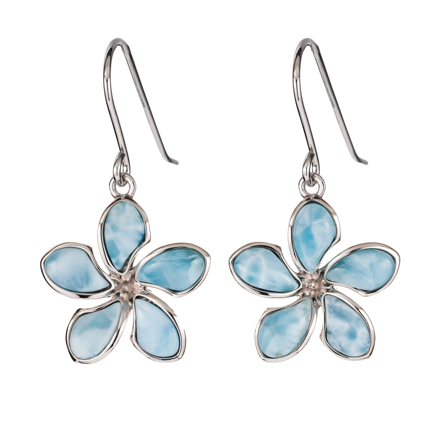 925 Sterling Silver Natural Larimar Plumeria Dangle Earrings