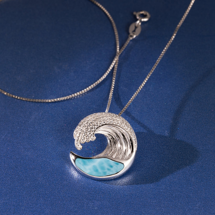 Sterling Silver Natural Larimar Wave Pendant with Cubic Zirconia