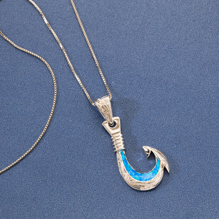 Sterling Silver Opal Hawaiian Scroll Fishhook Pendant with 18" Box Chain