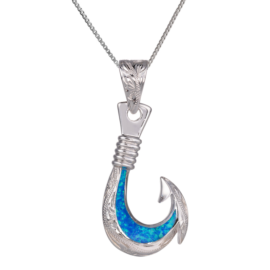 Sterling Silver Opal Hawaiian Scroll Fishhook Pendant with 18" Box Chain