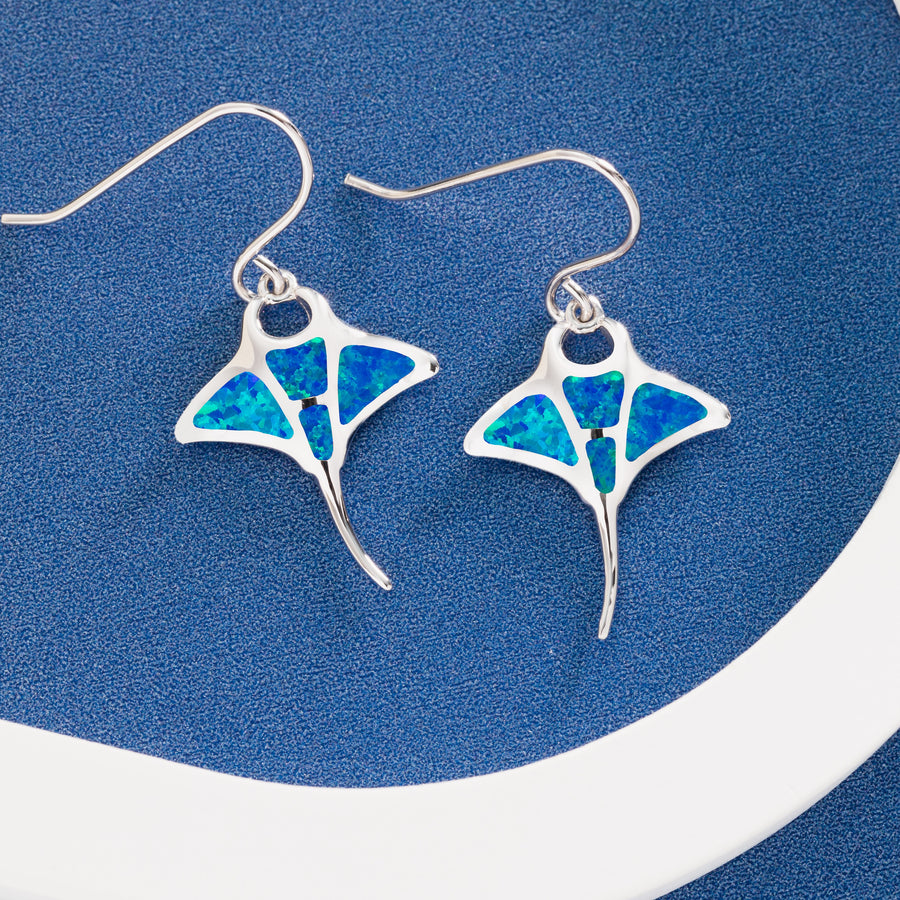 Sterling Silver Opal Manta Ray Dangle Hook Earrings