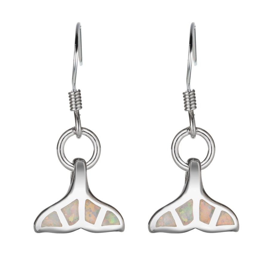 Sterling Silver White Opal Mosaic Whale Dangle Earrings