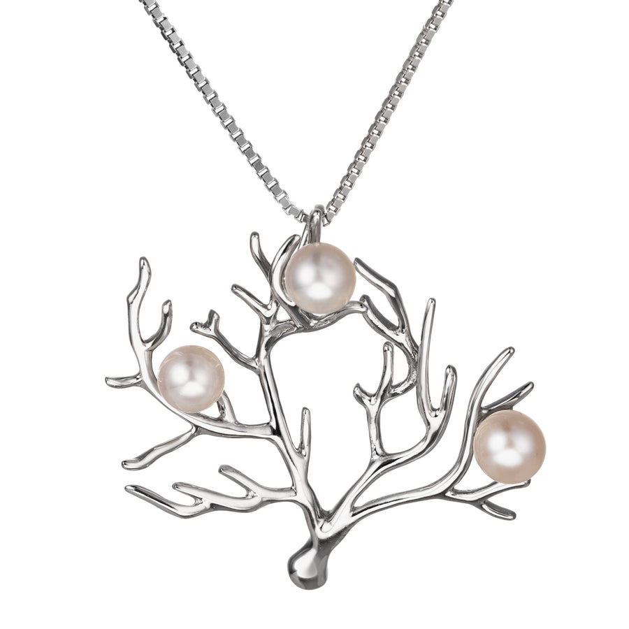 Sterling Silver Freshwater Pearl Coral Tree Necklace Pendant