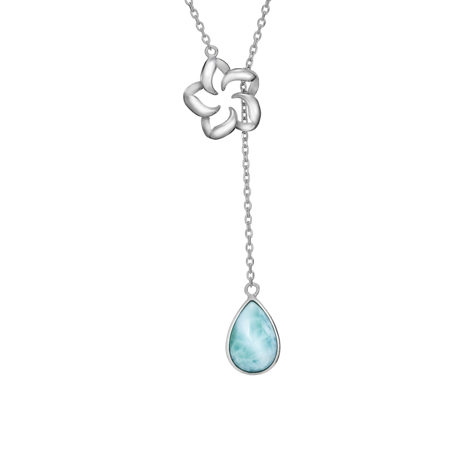 Sterling Silver Natural Larimar Plumeria Flower Raindrop Adjustable Link Chain Necklace Pendant with 16" - 18" Extender