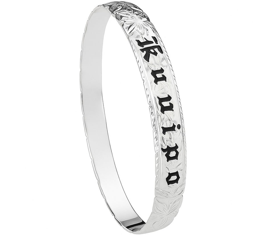 925 Sterling Silver 8mm Hawaiian Heirloom Black Kuuipo Scroll Plumeria Flower Cut Out Bangle