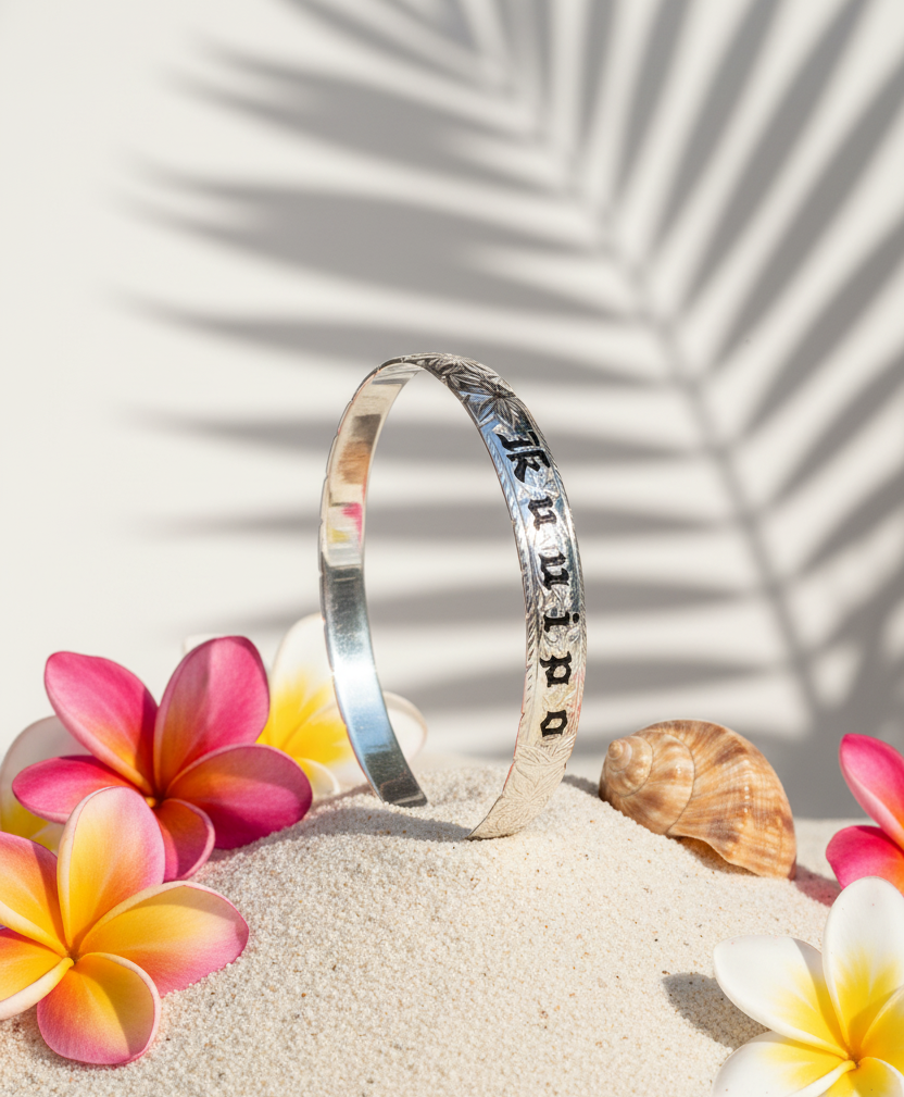 925 Sterling Silver 8mm Hawaiian Heirloom Black Kuuipo Scroll Plumeria Flower Cut Out Bangle