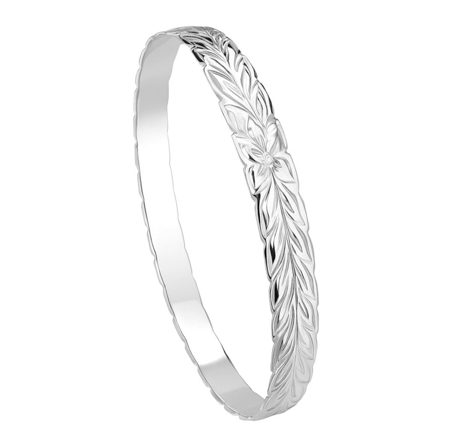925 Sterling Silver 8mm Hawaiian Heirloom Maile Leaf Chevron Cut Out Bangle