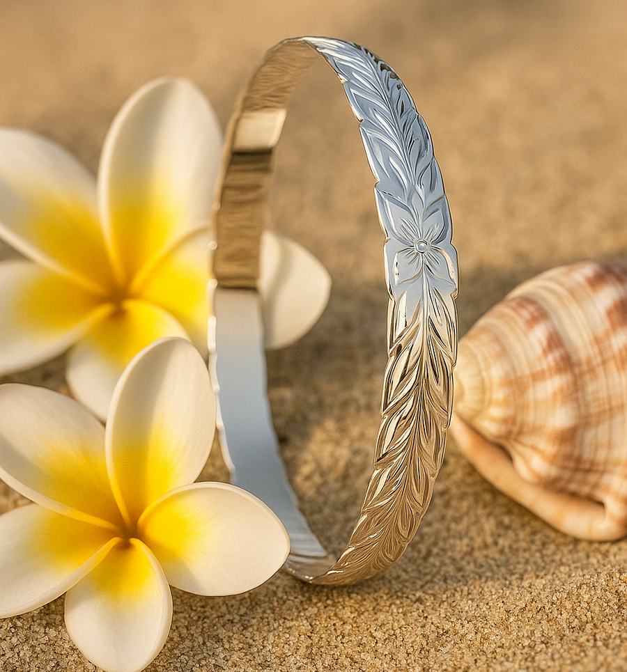 925 Sterling Silver 8mm Hawaiian Heirloom Maile Leaf Chevron Cut Out Bangle