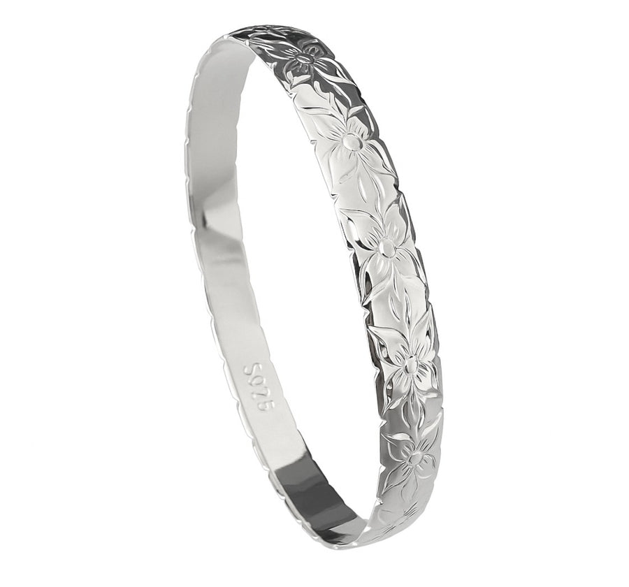 925 Sterling Silver 8mm Hawaiian Heirloom Eternity Plumeria Lei Flower Cut Out Bangle