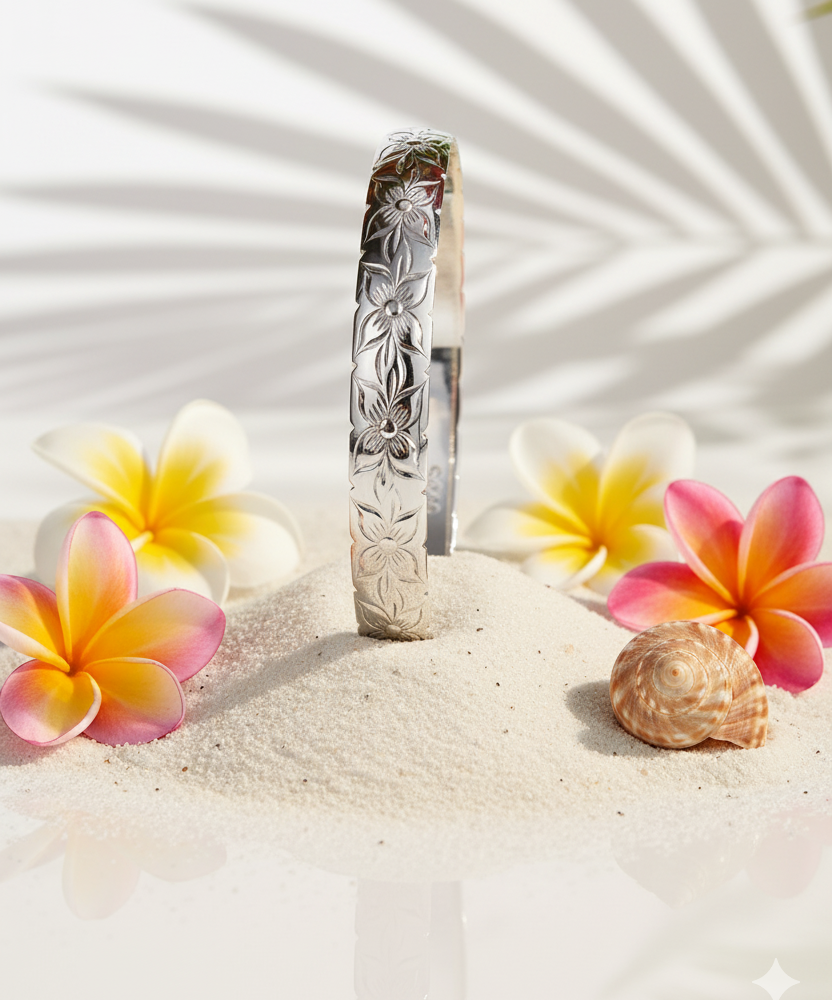 925 Sterling Silver 8mm Hawaiian Heirloom Eternity Plumeria Lei Flower Cut Out Bangle