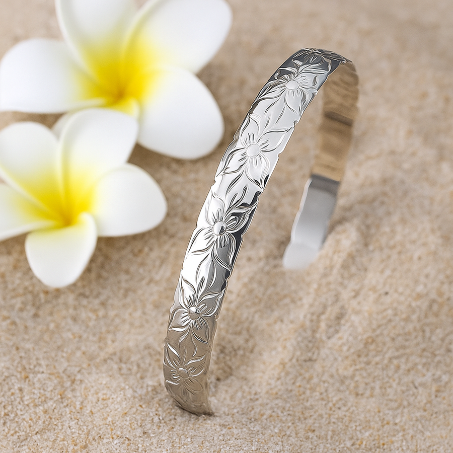 925 Sterling Silver 8mm Hawaiian Heirloom Eternity Plumeria Lei Flower Cut Out Bangle